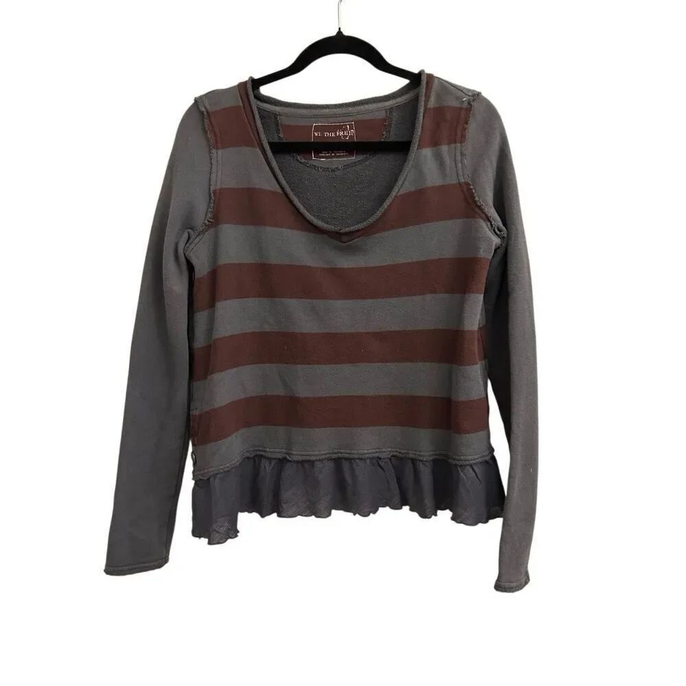 We The Free Multi Media Striped Sweater with ruffle hem Sz XS Preppy Academia